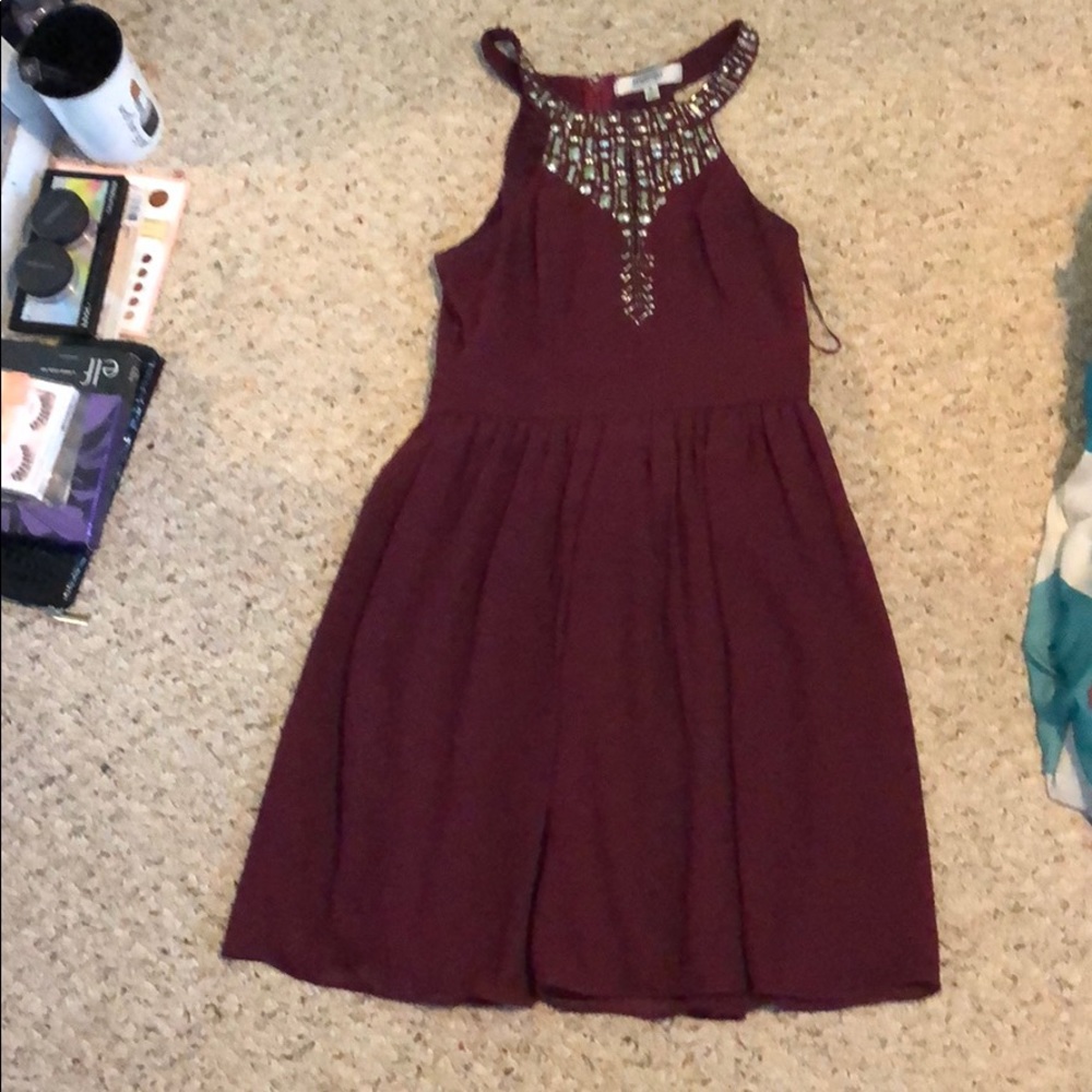 Maroon, beaded, halter top dress